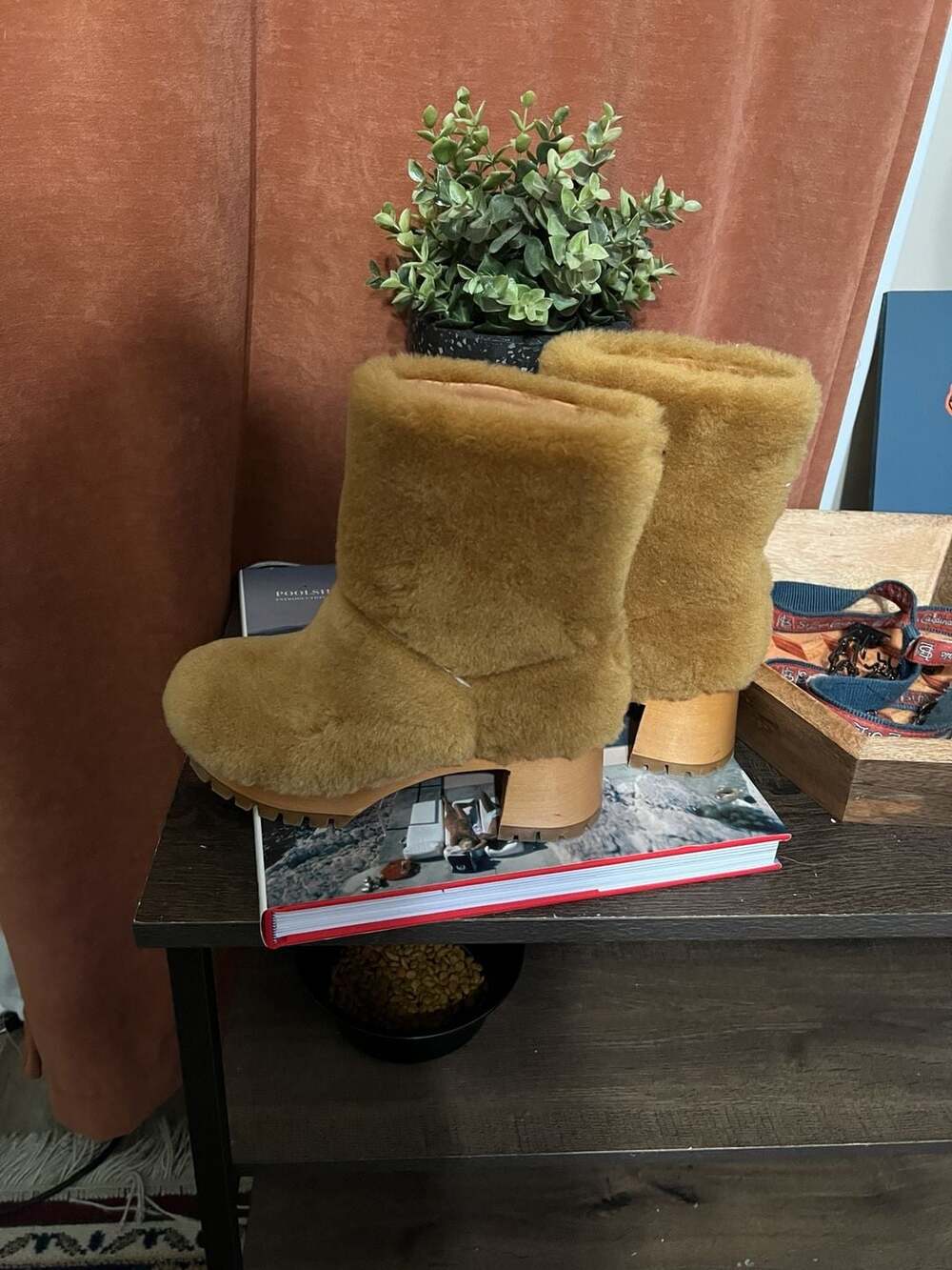 Swedish Hasbeens Fluff Bootie Size 37 Shearling Clog Cognac